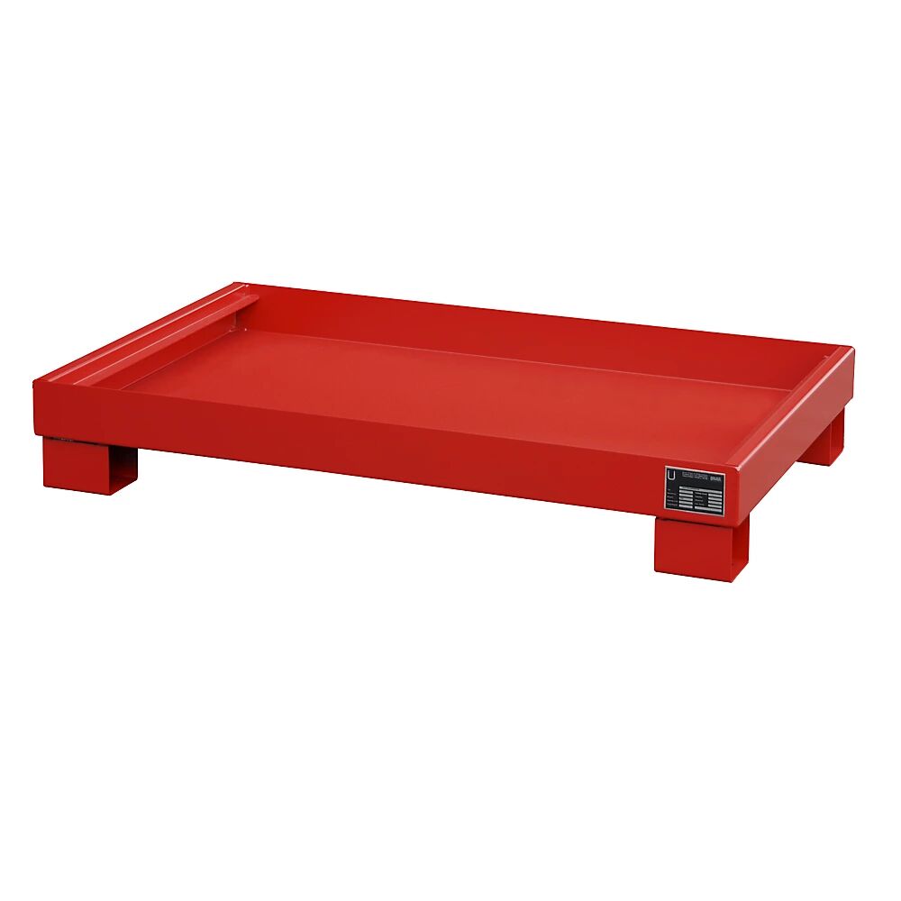 eurokraft pro Cubeta colectora de acero para bidón de 60 l, L x A x H 800 x 1300 x 205 mm, pintado de rojo vivo RAL 3000, sin rejilla