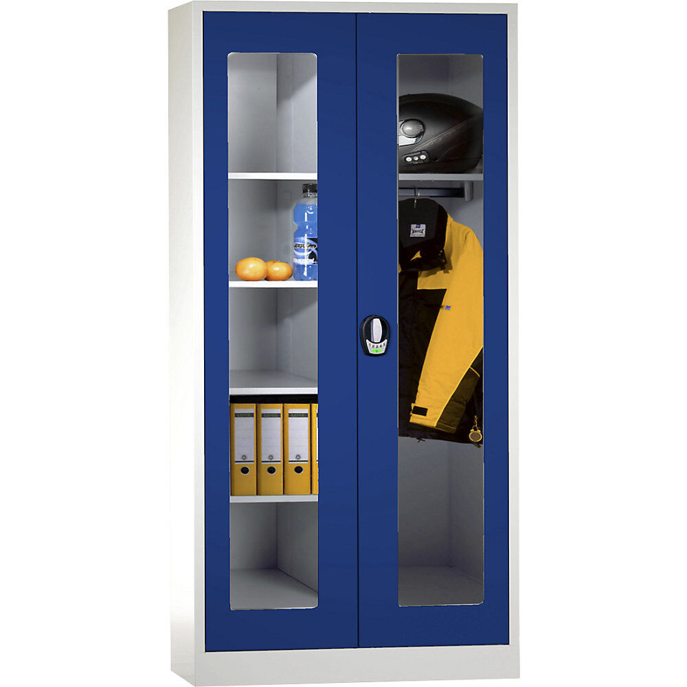 Wolf Armario guardarropa multiusos con cerradura electrónica, con puertas con ventanilla, gris luminoso / azul genciana