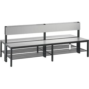 C+P Banco para vestuarios BASIC PLUS, por ambos lados, superficie del asiento de HPL, de media altura, rejilla para zapatos, longitud 1960 mm, gris plata