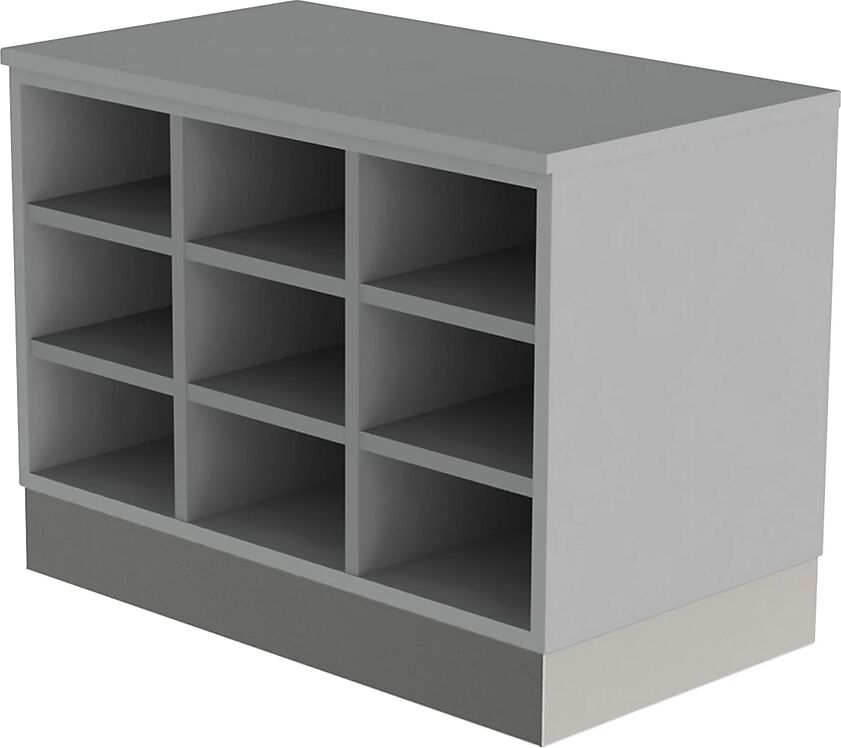 kaiserkraft Banco para vestuarios Sitover, zócalo de acero inoxidable, se puede llenar por ambos lados, 2 x 9 compartimentos, longitud 820 mm, en gris