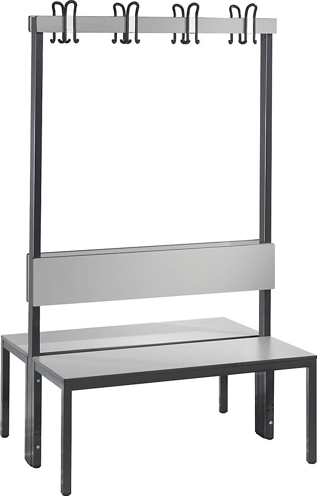 C+P Banco para vestuarios BASIC PLUS, por ambos lados, superficie del asiento de HPL, listón de ganchos, longitud 1000 mm, gris plata