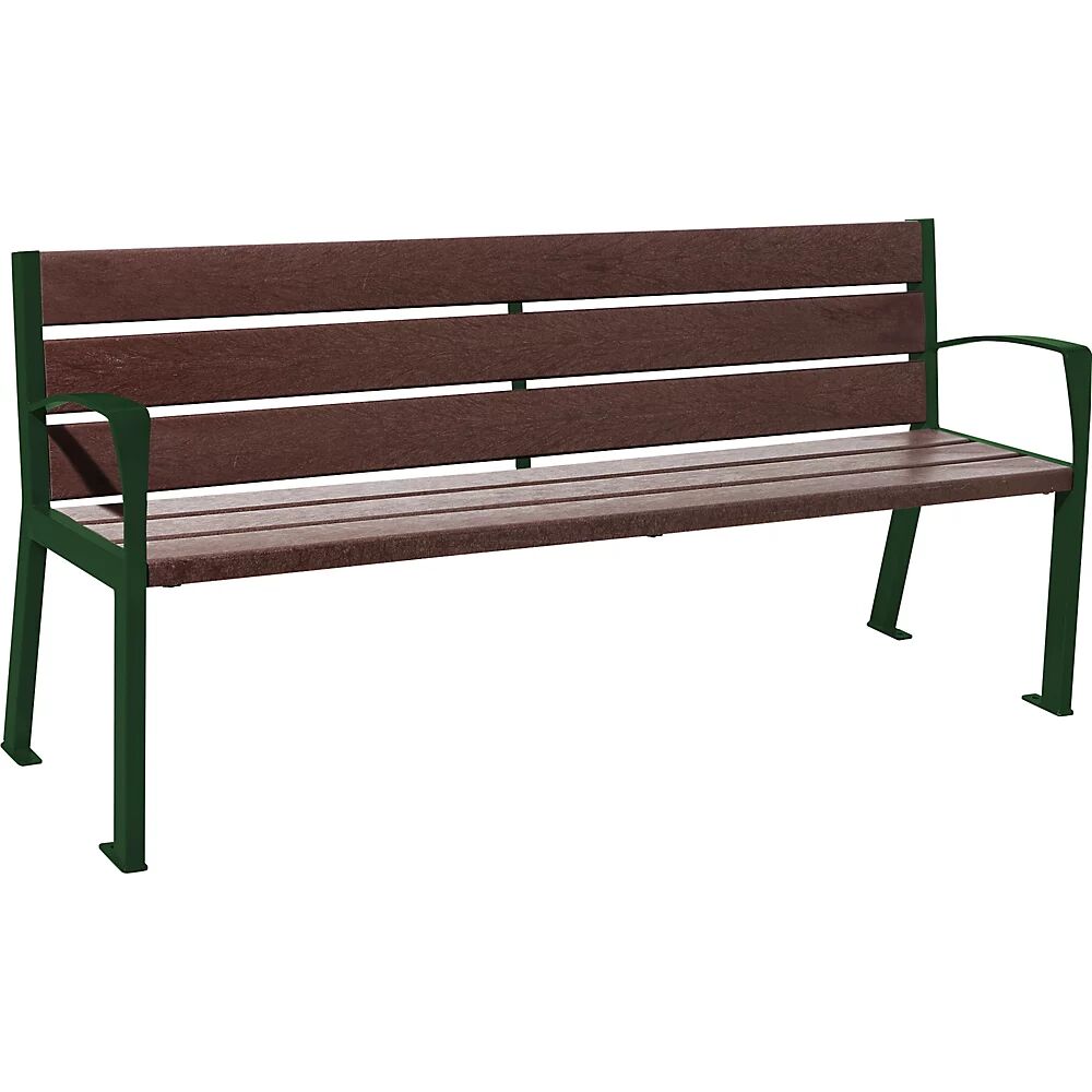 PROCITY Banco SILAOS® de plástico reciclado, con respaldo, verde musgo RAL 6005, marrón, reposabrazos estándar, 6 tablas de asiento y respaldo