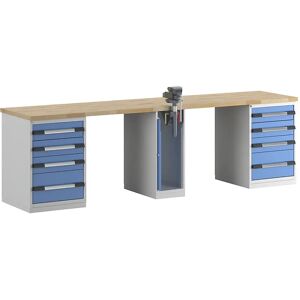 eurokraft pro Banco de trabajo, sistema modular Serie 7, 8 cajones, 1 tornillo de banco en el centro, A x P 3000 x 700 mm