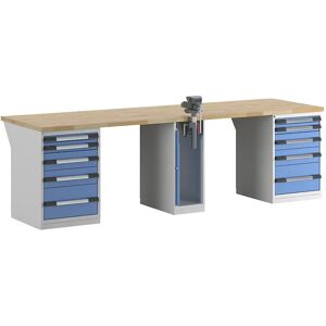 eurokraft pro Banco de trabajo, sistema modular Serie 7, 10 cajones, 1 tornillo de banco en el centro, A x P 3000 x 900 mm