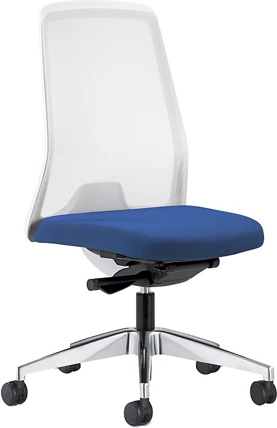 interstuhl Silla giratoria ergonómica EVERY, respaldo reticulado blanco, armazón pulido, con ruedas blandas, azul genciana, profundidad del asiento 430 mm