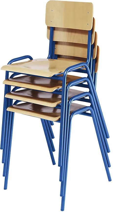 eurokraft basic Silla apilable, madera contrachapada de haya, UE 4 unid., armazón azul genciana