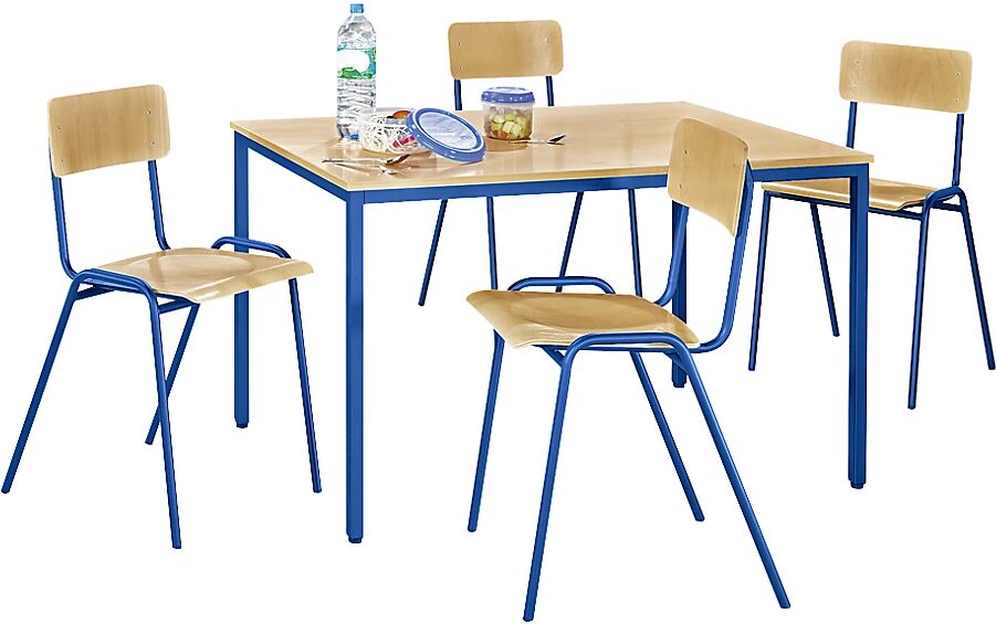 eurokraft basic Conjunto de sillas y mesa multiusos, 1 mesa, 4 sillas, tablero de mesa en decoración de haya, armazón azul genciana