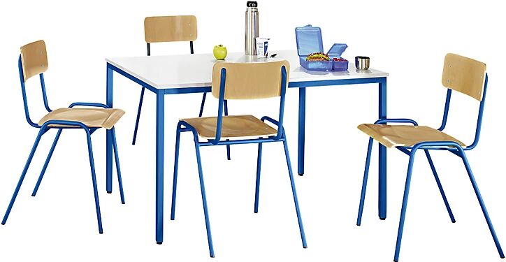 eurokraft basic Conjunto de sillas y mesa multiusos, 1 mesa, 4 sillas, tablero de mesa gris luminoso, armazón azul genciana