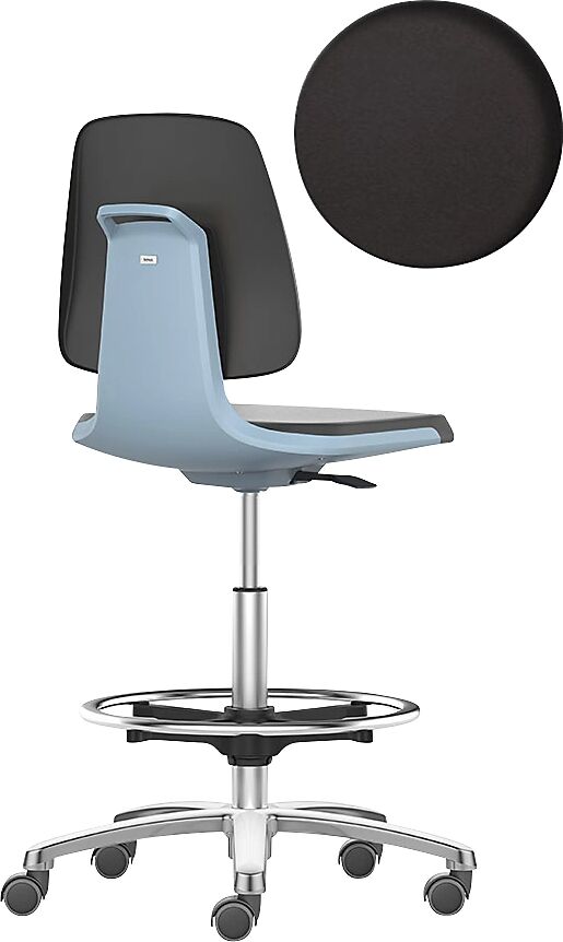 bimos Silla giratoria de trabajo LABSIT, silla alta con ruedas de freno y estribo circular, asiento con tapizado de piel sintética azul