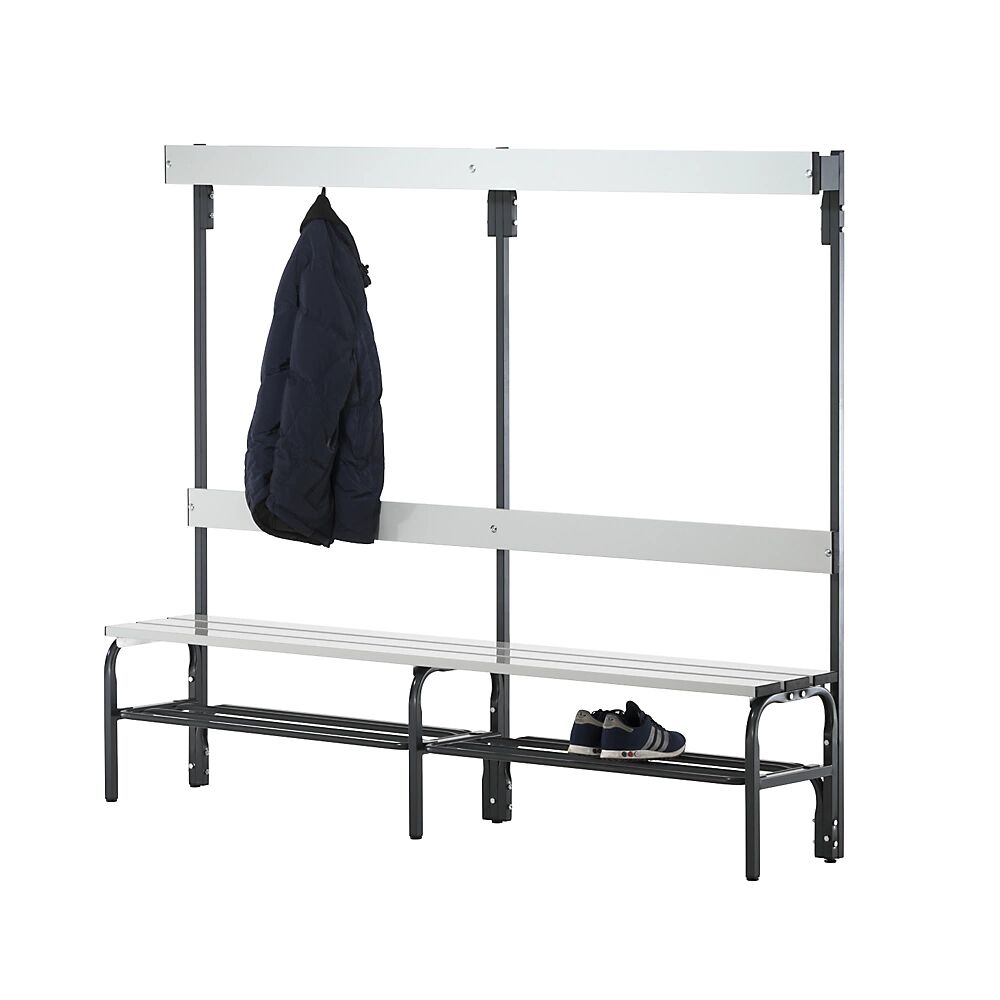 Sypro Banco para vestuarios con listones de aluminio, H x P 1650 x 375 mm, por un lado, longitud 2000 mm, 6 ganchos, antracita, rejilla para zapatos