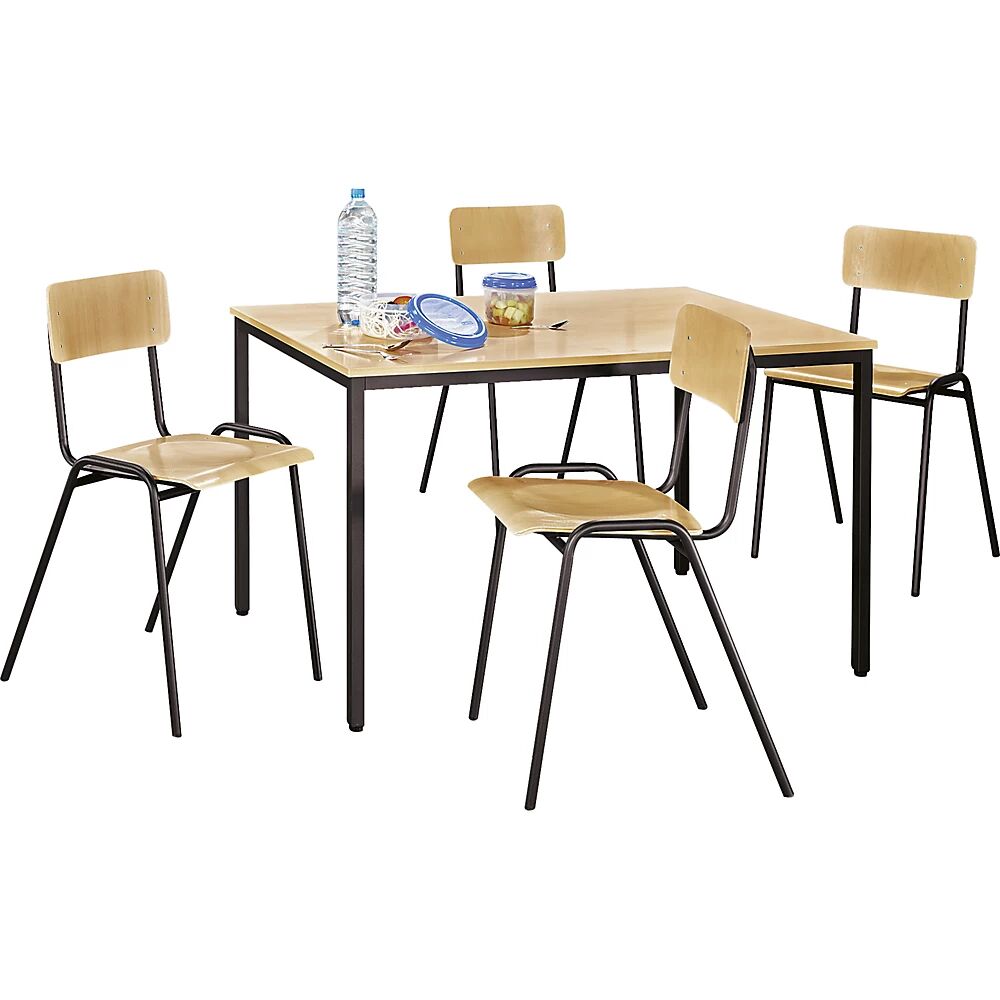 eurokraft basic Conjunto de sillas y mesa multiusos, 1 mesa, 4 sillas, tablero de mesa en decoración de haya, armazón pardo grisáceo