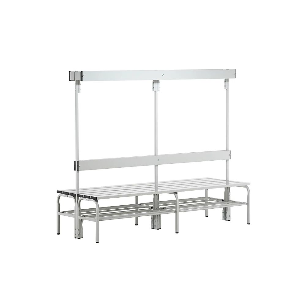 Sypro Banco para vestuarios con listones de aluminio, H x P 1650 x 725 mm, por ambos lados, longitud 2000 mm, 12 ganchos, gris luminoso, rejilla para zapatos