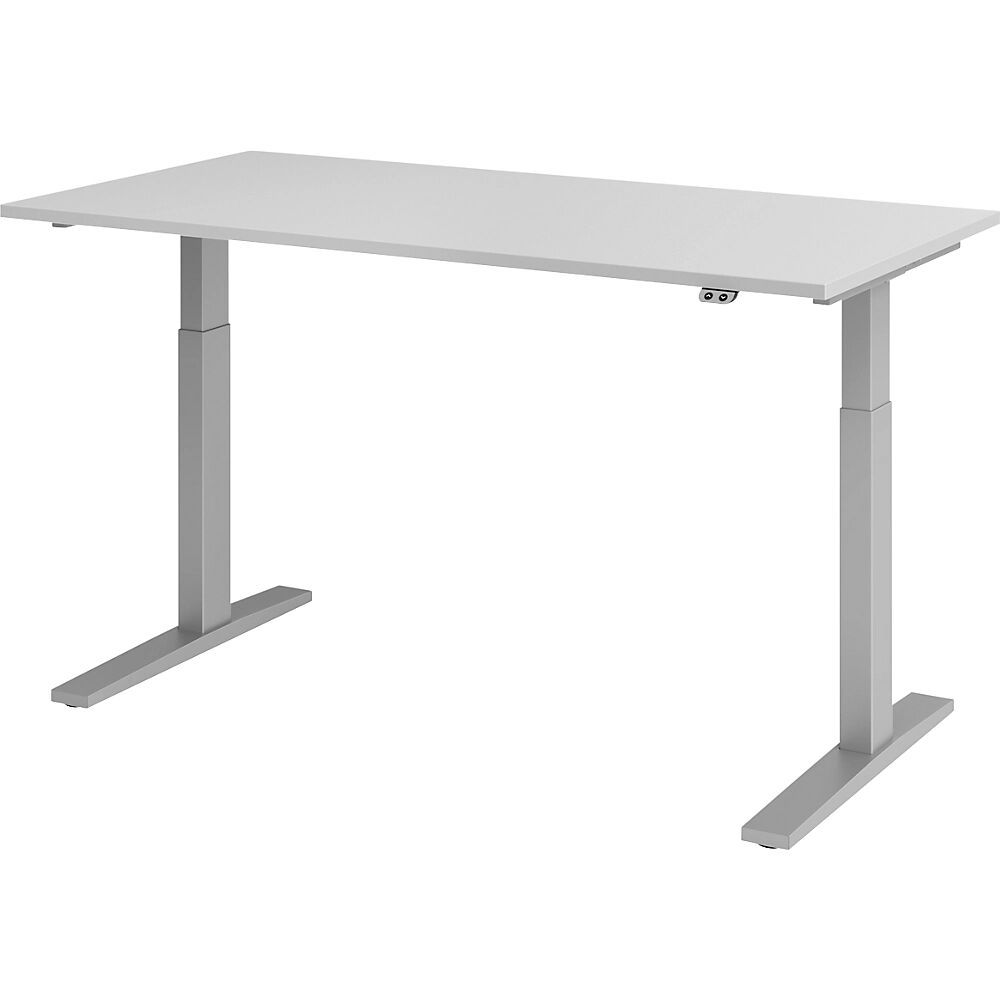 kaiserkraft UPLINER-K - Escritorio, con regulación eléctrica de la altura, 700 - 1200 mm, A x P 1200 x 800 mm, A x P 1600 x 800 mm, gris luminoso/aluminio blanco