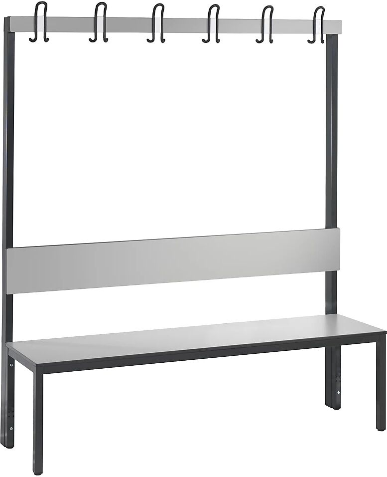 C+P Banco para vestuarios BASIC PLUS, por un solo lado, superficie del asiento de HPL, listón de ganchos, longitud 1500 mm, gris plata