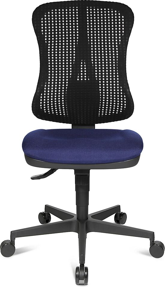 Topstar Silla giratoria ergonómica con asiento moldeado, sin brazos, asiento azul, retícula del respaldo negra