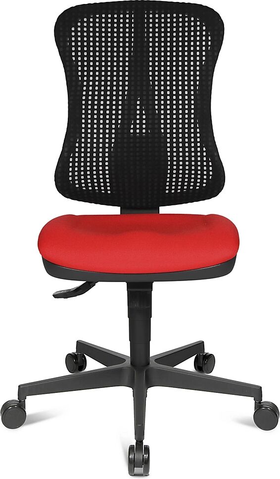 Topstar Silla giratoria ergonómica con asiento moldeado, sin brazos, asiento rojo, retícula del respaldo negra