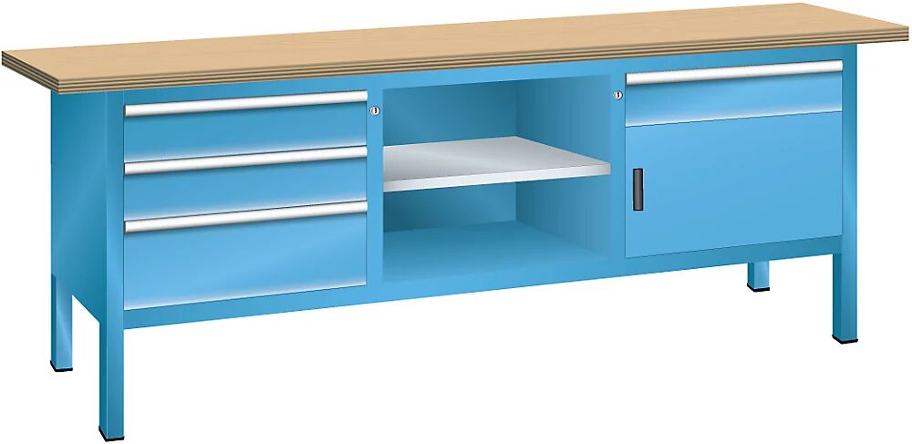 LISTA Banco de trabajo con tablero de haya maciza, bastidor modular, anchura 2000 mm, 4 cajones, 1 puerta, cuerpo en azul luminoso, frente azul luminoso