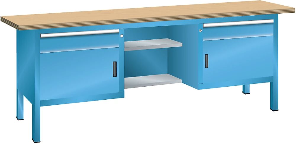 LISTA Banco de trabajo con tablero de multiplex, bastidor modular, 2 cajones, 2 puertas, 4 baldas, cuerpo en azul luminoso, frente azul luminoso