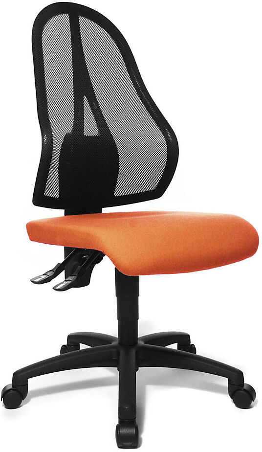 Topstar Silla giratoria de oficina OPEN POINT P, respaldo reticulado negro, sin brazos, tapizado del asiento naranja