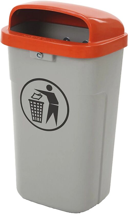 kaiserkraft Papelera de exterior, resistente al fuego, capacidad 50 l, A x H x P 435 x 755 x 345 mm, gris / naranja