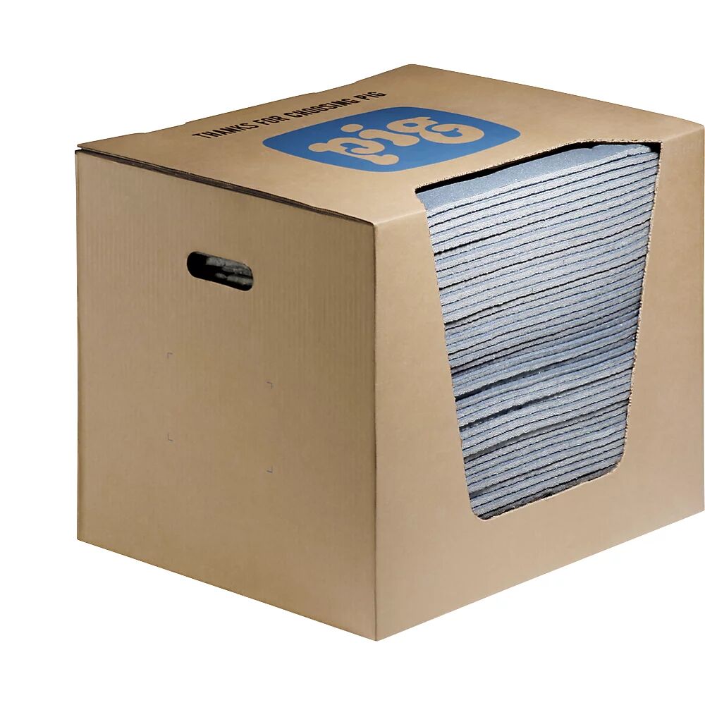 PIG Estera absorbente de fieltro aglutinante BLUE® - Paños de fieltro aglutinante universales, modelo universal, en caja dispensadora de cartón, A x L 380 x 480 mm, UE de 50 unid.