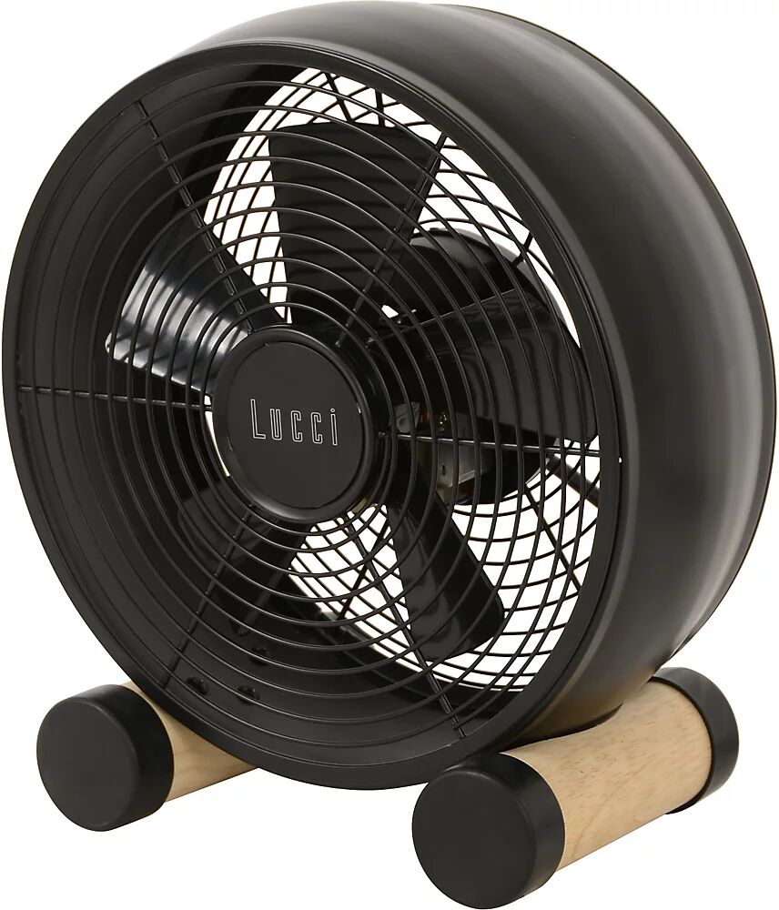 kaiserkraft Ventilador de sobremesa de diseño con pies de madera, H x A x P 290 x 260 x 140 mm, negro