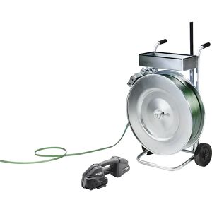 kaiserkraft Juego de flejado, cinta de PET, aparato flejador completamente automático, portabobinas rodante, cinta, vara de enhebrar, anchura de cinta 16 mm