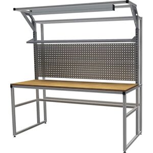 bedrunka hirth Banco de trabajo workalu® de aluminio con estructura modular, de un lado, 1 balda, 2 paredes perforadas, lámpara para puesto de trabajo, anchura de tablero 1950 mm