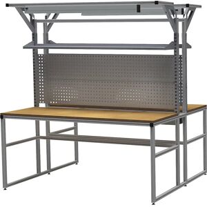 bedrunka hirth Banco de trabajo workalu® de aluminio con estructura modular, por los dos lados, 2 baldas, 4 paredes perforadas, 1 canaleta para cables, 2 lámparas para puesto de trabajo, anchura de tablero 1950 mm