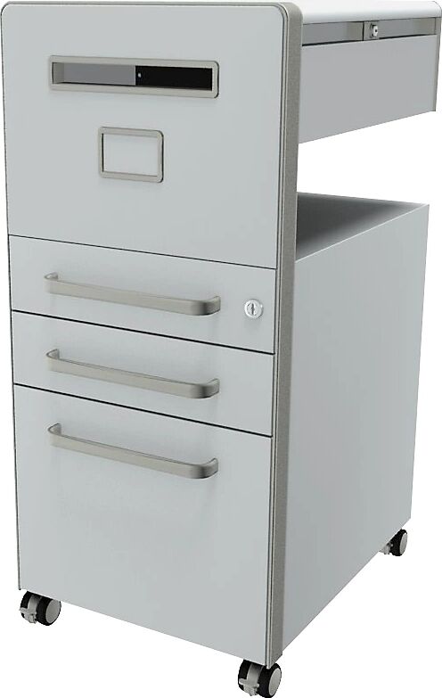 BISLEY Mueble auxiliar Bite™, con 1 tablón para chinchetas, apertura a la izquierda, con 2 cajones universales y 1 cajón para archivadores colgantes, blanco tráfico