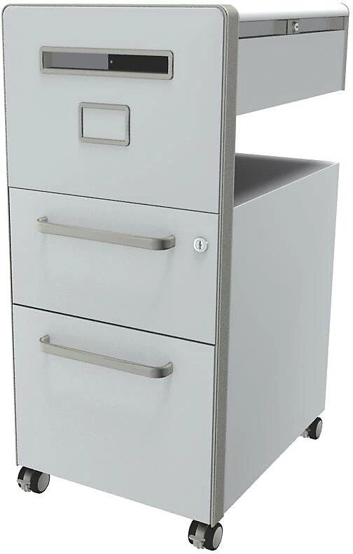 BISLEY Mueble auxiliar Bite™, con 1 tablón para chinchetas, apertura a la izquierda, con 1 cajón universal y 1 cajón para archivadores colgantes, blanco tráfico