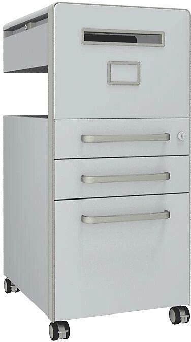 BISLEY Mueble auxiliar Bite™, con 1 tablón para chinchetas, apertura a la derecha, con 2 cajones universales y 1 cajón para archivadores colgantes, blanco tráfico