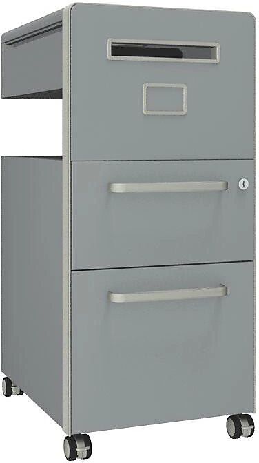 BISLEY Mueble auxiliar Bite™, con 1 tablón para chinchetas, apertura a la derecha, con 1 cajón universal y 1 cajón para archivadores colgantes, plata, pintura satinada