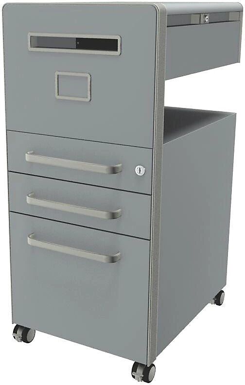 BISLEY Mueble auxiliar Bite™, con 1 tablón para chinchetas, apertura a la izquierda, con 2 cajones universales y 1 cajón para archivadores colgantes, plata, pintura satinada