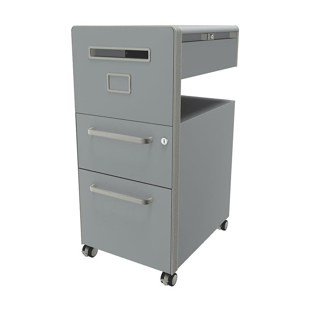 BISLEY Mueble auxiliar Bite™, con 1 tablón para chinchetas, apertura a la izquierda, con 1 cajón universal y 1 cajón para archivadores colgantes, plata, pintura satinada