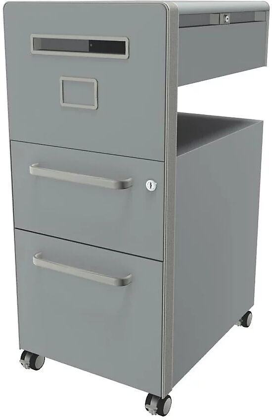 BISLEY Mueble auxiliar Bite™, con 1 panel rotulable, apertura a la izquierda, con 1 cajón universal y 1 cajón para archivadores colgantes, plata, pintura satinada