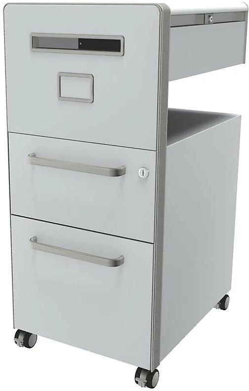 BISLEY Mueble auxiliar Bite™, con 1 panel rotulable, apertura a la izquierda, con 1 cajón universal y 1 cajón para archivadores colgantes, blanco tráfico