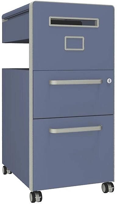 BISLEY Mueble auxiliar Bite™, con 1 panel rotulable, apertura a la derecha, con 1 cajón universal y 1 cajón para archivadores colgantes, azul