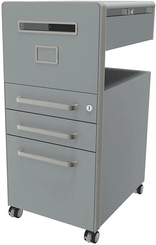 BISLEY Mueble auxiliar Bite™, con 1 panel rotulable, apertura a la izquierda, con 2 cajones universales y 1 cajón para archivadores colgantes, plata, pintura satinada