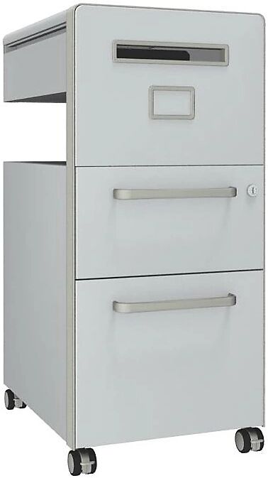 BISLEY Mueble auxiliar Bite™, con 1 panel rotulable, apertura a la derecha, con 1 cajón universal y 1 cajón para archivadores colgantes, blanco tráfico