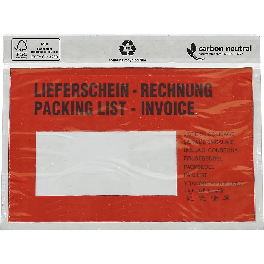 kaiserkraft Bolsa para documentos, con certificación FSC®, UE 250 unid., para DIN C6, con impresión ''Lieferschein / Rechnung''