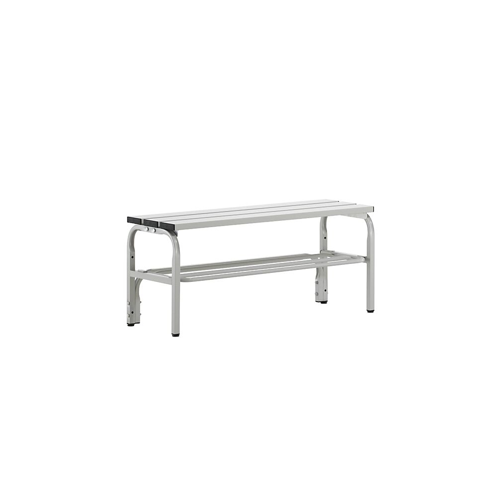 Sypro Banco para vestuarios con listones de aluminio, H x P 450 x 350 mm, longitud 1015 mm, gris luminoso, rejilla para zapatos