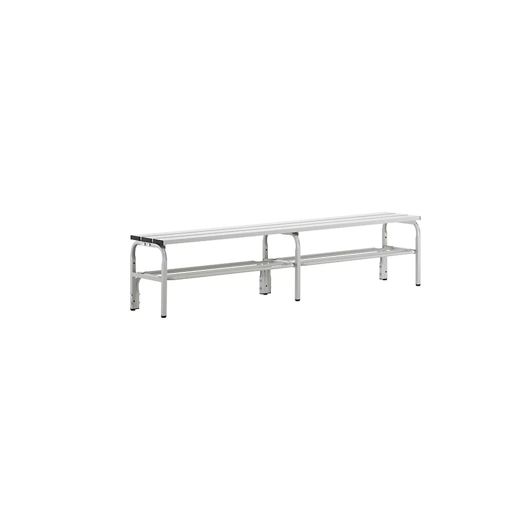 Sypro Banco para vestuarios con listones de aluminio, H x P 450 x 350 mm, longitud 1500 mm, gris luminoso, rejilla para zapatos