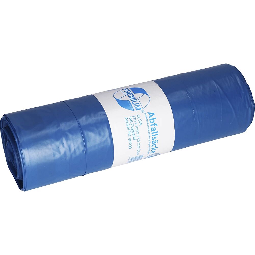 kaiserkraft Bolsas de basura con cordón, LDPE, 120 l, 50 µm, A x H 720 x 1000 mm, UE 250 unid., azul