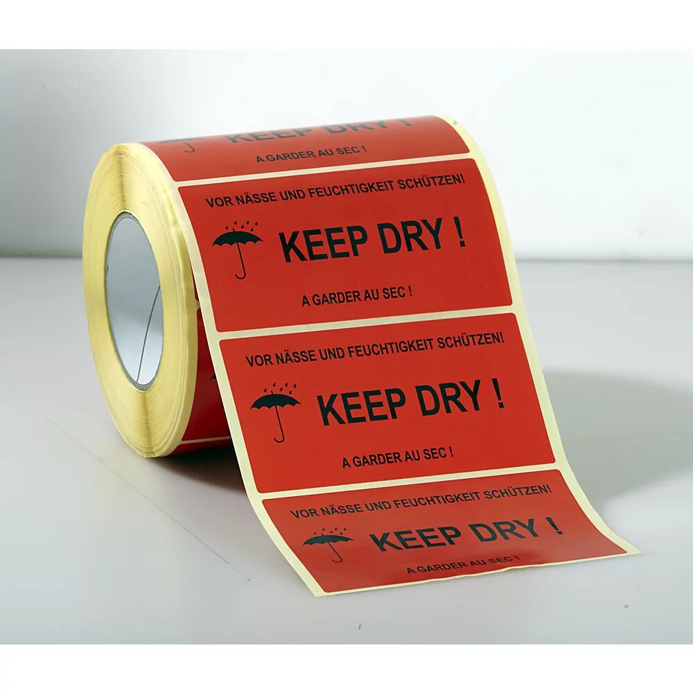 kaiserkraft Etiquetas de advertencia, 1000 unid.por rollo, UE 3 rollos, impresión ''Keep dry!''
