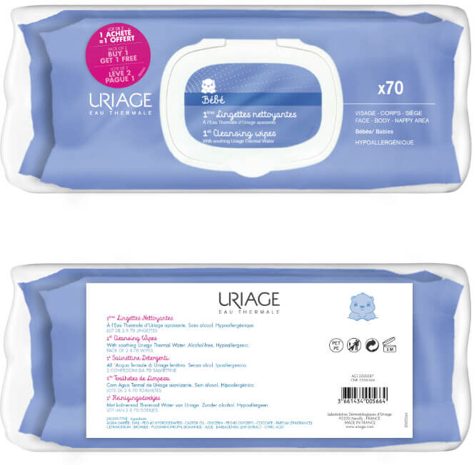 Uriage Baby Duo Toallitas 1ª Limpieza 2x 70 unidades