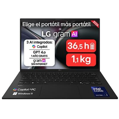 Portátil 14 " LG gram 14Z90U, Windows 11 Home, Intel® Core™ Ultra 7, 32 GB RAM, 512 GB SSD, Intel® graphics (4Xe), Pantalla IPS (1920*1200), ligero, 1,120 g, 36.5 horas, AI, Negro - 14Z90U-G.AU85BN Portátil 14 " LG gram 14Z90U, Windows 11 Home, Intel® Core™ Ultra 7, 32 GB RAM, 512 GB SSD, Intel® graphics (4Xe), Pantalla IPS (1920*1200), ligero, 1,120 g, 36.5 horas, AI, Negro - 14Z90U-G.AU85BN