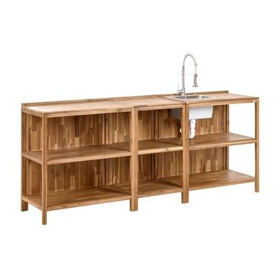 BELIANI Conjunto De 3 Islas De Cocina Exterior De Madera De Acacia Con Fregadero Y Grifo Estantes Encimera De Madera Maciza Acero Inoxidable Marrón Y Plateado Venosa BELIANI Conjunto De 3 Islas De Cocina Exterior De Madera De Acacia Con Fregadero Y Grifo Estantes Encimera De Madera Maciza Acero Inoxidable Marrón Y Plateado Venosa