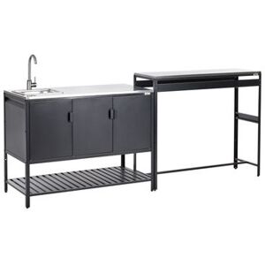 BELIANI Conjunto De Armario De Cocina Y Mesa De Bar Para Exterior De Acero 3 Puertas Encimera De Acero Inoxidable Jardín Negro Con Fregadero Maenza BELIANI Conjunto De Armario De Cocina Y Mesa De Bar Para Exterior De Acero 3 Puertas Encimera De Acero Inoxidable Jardín Negro Con Fregadero Maenza