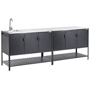 BELIANI Conjunto De 2 Armarios De Cocina Exterior De Acero 3 Puertas Encimera De Acero Inoxidable Jardín Negro Con Fregadero Maenza BELIANI Conjunto De 2 Armarios De Cocina Exterior De Acero 3 Puertas Encimera De Acero Inoxidable Jardín Negro Con Fregadero Maenza
